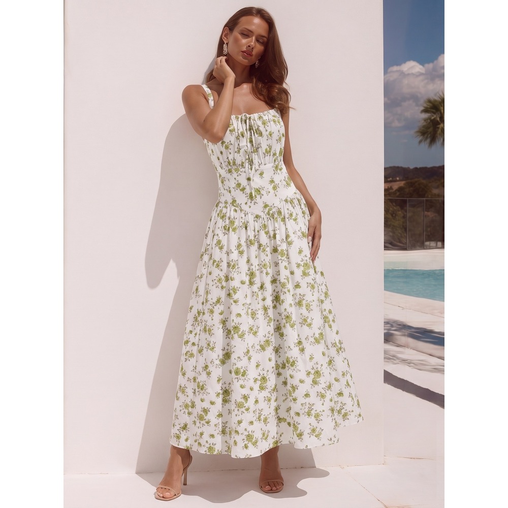 Scarlet Darkness Midi Dress Womens XL White Green Floral Milkmaid Cottagecore